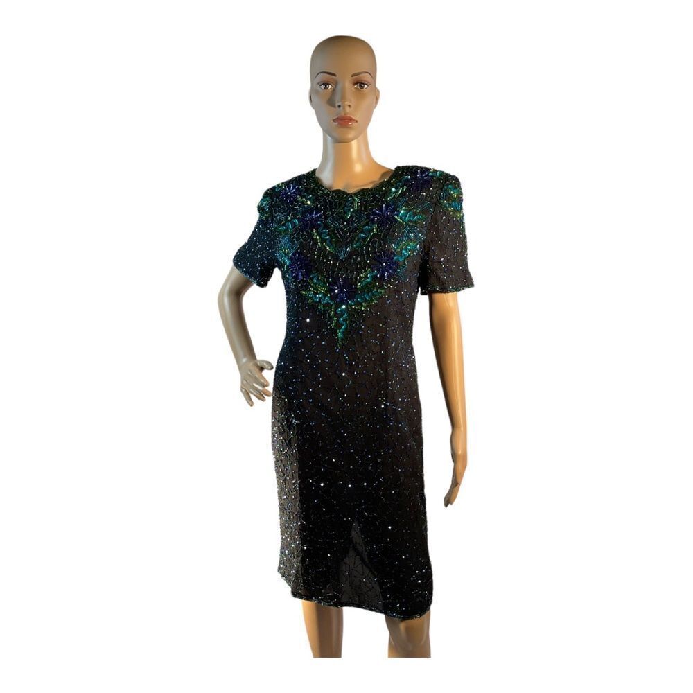 Papell Boutique Vintage 80s 90s Black Silk Beaded Formal Party Dress Size 12